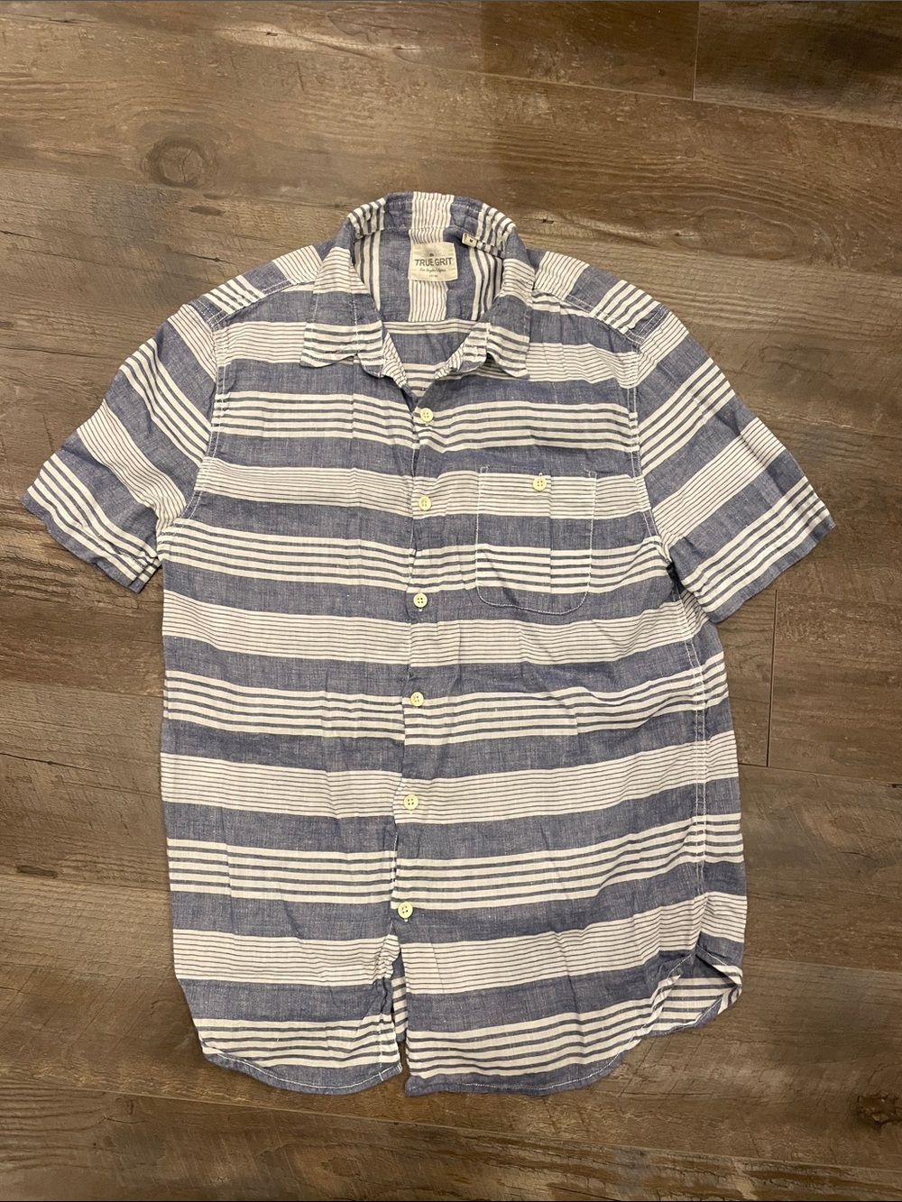 True Grit Striped Blue and White Short-Sleeve Button-Up Shirt